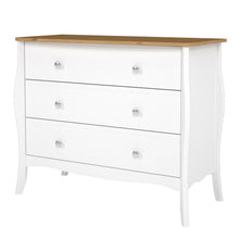 Load image into Gallery viewer, Baroque 3 Drawer Wide Chest Pure White Iced Coffee Lacquer in White and Pine Furniture To Go 1013760150330 5707252126179 Introducing our exquisite 3 drawer wide chest with a luxurious pine top, inspired by Provence&#39;s Baroque style. Delicate detailing and a crisp white finish exude sophistication, while stainless steel handles add a modern twist, making it a perfect fit for any room. Elevate your bedroom with this captivating wide chest, combining classic beauty and practicality effortlessly. Dimensions: 800