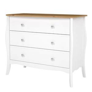 Baroque 3 Drawer Wide Chest Pure White Iced Coffee Lacquer in White and Pine Furniture To Go 1013760150330 5707252126179 Introducing our exquisite 3 drawer wide chest with a luxurious pine top, inspired by Provence's Baroque style. Delicate detailing and a crisp white finish exude sophistication, while stainless steel handles add a modern twist, making it a perfect fit for any room. Elevate your bedroom with this captivating wide chest, combining classic beauty and practicality effortlessly. Dimensions: 800