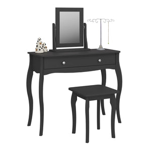 Baroque Mirror Black Furniture To Go 1013766780049 5707252056599 This Provence-inspired Baroque Mirror brings a touch of elegance to any bedroom. With a minimalist design and rich black finish, this piece works well with any style of room. The mirror is hinged so can be rotated to allow you to find the best angle. Choose other items from the Baroque range to complete the look. The mirror is best matched with the Baroque Dressing Table and Stool Dimensions: 494mm x 467mm x 167mm (Height x Width x Depth) 
 Hi