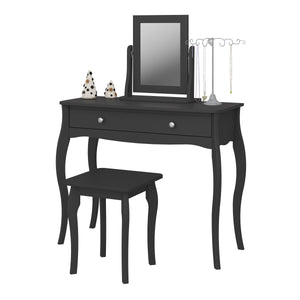 Baroque Mirror Black Furniture To Go 1013766780049 5707252056599 This Provence-inspired Baroque Mirror brings a touch of elegance to any bedroom. With a minimalist design and rich black finish, this piece works well with any style of room. The mirror is hinged so can be rotated to allow you to find the best angle. Choose other items from the Baroque range to complete the look. The mirror is best matched with the Baroque Dressing Table and Stool Dimensions: 494mm x 467mm x 167mm (Height x Width x Depth) 
 Hi