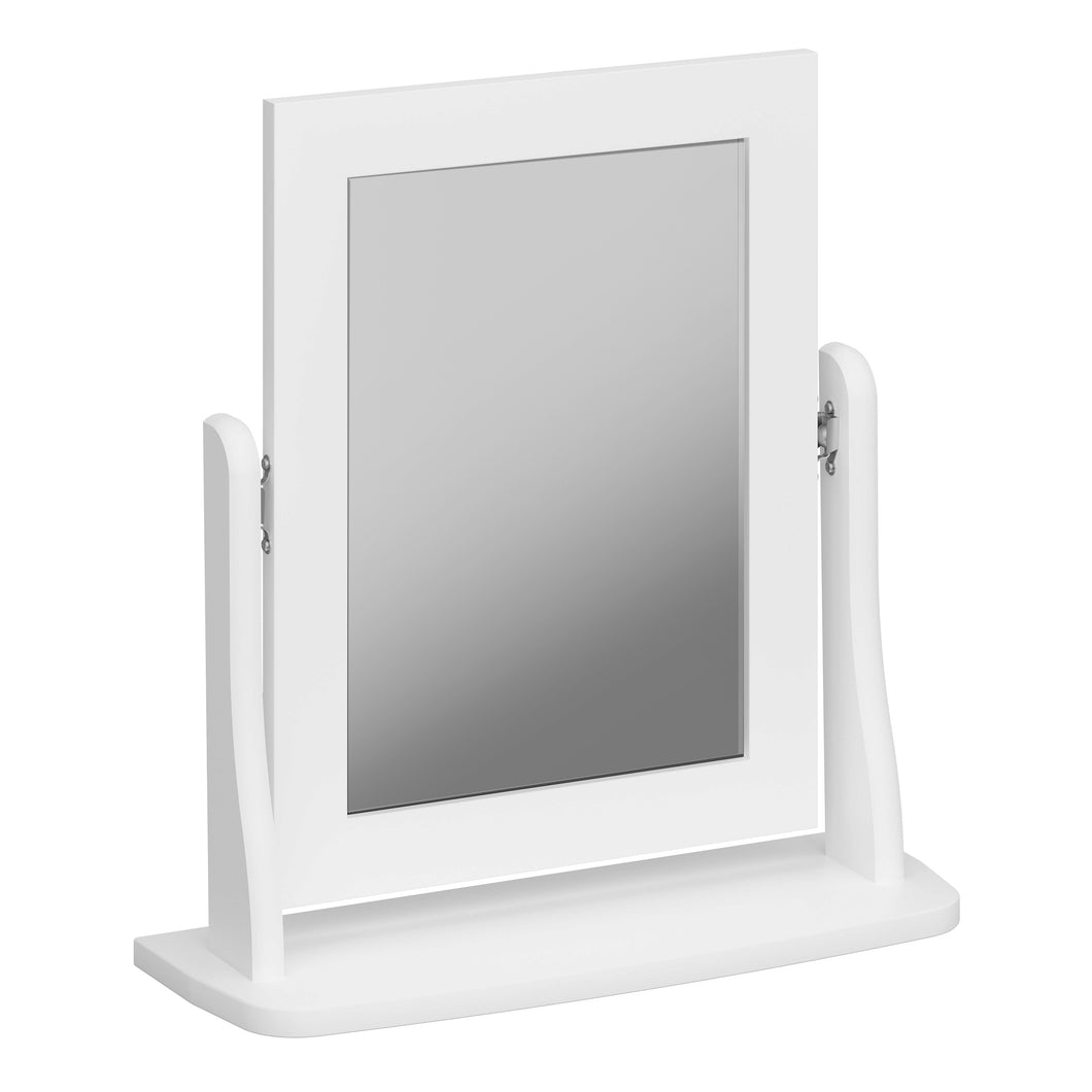 Baroque Mirror White Furniture To Go 1013766780058 5707252056605 This Provence-inspired Baroque Mirror brings a touch of elegance to any bedroom. With a minimalist design and crisp white finish, this piece works well with any style of room. The mirror is hinged so can be rotated to allow you to find the best angle. Choose other items from the Baroque range to complete the look. The mirror is best matched with the Baroque Dressing Table and Stool Dimensions: 494mm x 467mm x 167mm (Height x Width x Depth) 
 H