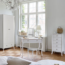 Load image into Gallery viewer, Baroque Mirror White Furniture To Go 1013766780058 5707252056605 This Provence-inspired Baroque Mirror brings a touch of elegance to any bedroom. With a minimalist design and crisp white finish, this piece works well with any style of room. The mirror is hinged so can be rotated to allow you to find the best angle. Choose other items from the Baroque range to complete the look. The mirror is best matched with the Baroque Dressing Table and Stool Dimensions: 494mm x 467mm x 167mm (Height x Width x Depth) 
 H
