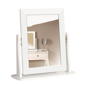 Baroque Mirror White Furniture To Go 1013766780058 5707252056605 This Provence-inspired Baroque Mirror brings a touch of elegance to any bedroom. With a minimalist design and crisp white finish, this piece works well with any style of room. The mirror is hinged so can be rotated to allow you to find the best angle. Choose other items from the Baroque range to complete the look. The mirror is best matched with the Baroque Dressing Table and Stool Dimensions: 494mm x 467mm x 167mm (Height x Width x Depth) 
 H