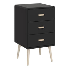 Load image into Gallery viewer, Mino Bedside Table 3 Drawers, Black Painted in Black Furniture To Go 1014090030070 5707252083618 Introducing Mino Bedroom Furniture Range - a perfect fusion of sophistication and modernity, making a fashionable statement in any bedroom. With ample space for small bedroom objects, the detailed design exudes elegance, elevating your living space&#39;s overall aesthetic. Experience the epitome of modern luxury with Mino, transforming your bedroom into a lavish sanctuary. Dimensions: 414mm x 730mm x 396mm (Height x