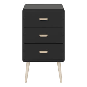 Mino Bedside Table 3 Drawers, Black Painted in Black Furniture To Go 1014090030070 5707252083618 Introducing Mino Bedroom Furniture Range - a perfect fusion of sophistication and modernity, making a fashionable statement in any bedroom. With ample space for small bedroom objects, the detailed design exudes elegance, elevating your living space's overall aesthetic. Experience the epitome of modern luxury with Mino, transforming your bedroom into a lavish sanctuary. Dimensions: 414mm x 730mm x 396mm (Height x