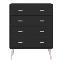 Load image into Gallery viewer, Mino Chest of Drawers 4 Drawers, Black Painted in Black Furniture To Go 1014090160070 5707252083656 Introducing Mino Bedroom Furniture Range - a perfect fusion of sophistication and modernity, making a fashionable statement in any bedroom. With ample space for small bedroom objects, the detailed design exudes elegance, elevating your living space&#39;s overall aesthetic. Experience the epitome of modern luxury with Mino, transforming your bedroom into a lavish sanctuary. Dimensions: 813mm x 1051mm x 396mm (Heig