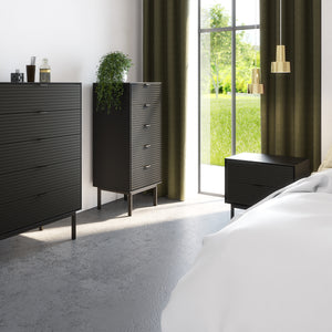 Soma Bedside Table 2 Drawers Granulated Black Brushed Black Furniture To Go 1014120020229 5707252085230 Introducing the Soma Range in Black: Elevate your home with contemporary sophistication. With its sleek black design, robust construction, and versatile style, Soma in Black is the ideal choice for any room. Upgrade your living spaces and embrace the perfect fusion of modern charm and functionality with the Soma Range in Black. Dimensions: 508mm x 543mm x 412mm (Height x Width x Depth) 
 Large storage sol