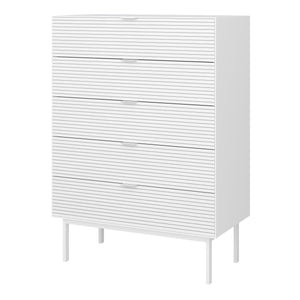 Soma 5 Drawers Chest Granulated pure White Brushed White Furniture To Go 1014120170230 5707252085360 Introducing the Soma Range in White: Elevate your home with contemporary sophistication. With its elegant white design, robust construction, and versatile style, Soma in White is the ideal choice for any room. Upgrade your living spaces and embrace the perfect fusion of modern charm and functionality with the Soma Range in White. Dimensions: 800mm x 1113mm x 412mm (Height x Width x Depth) 
 Large storage sol