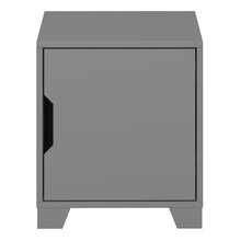 Load image into Gallery viewer, Loke Bedside Table 1 Door in Folkestone Grey Furniture To Go 1014160100072 5707252086312 Presenting the Loke Bedside Table: A modern and contemporary addition that adds charm and character to the bedroom. Crafted with durable MDF, it ensures strength and reliability. The trendy grey colour complements any fashionable decor. Whether for teenagers or children, it stands the test of time with its unique design. The easy-to-use handle provides convenient access to items inside. Designed on sturdy legs, it offer