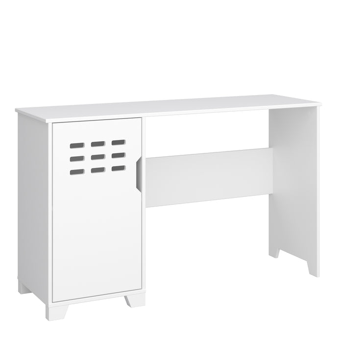 Loke Desk 1 Door in Pure White Furniture To Go 1014160800058 5707252086343 Discover the Loke Desk in Pure White: A vibrant and contemporary MDF desk for your kids' bedroom. Its unique design sets a certain vibe and theme, while providing ample space behind the Door for books and paperwork. Whether bought alone or with the set, the shelving inside allows for organized work and stationery. The easy-to-use handle adds a stylish touch to this standout white desk. With sturdy legs ensuring stability and a spacio