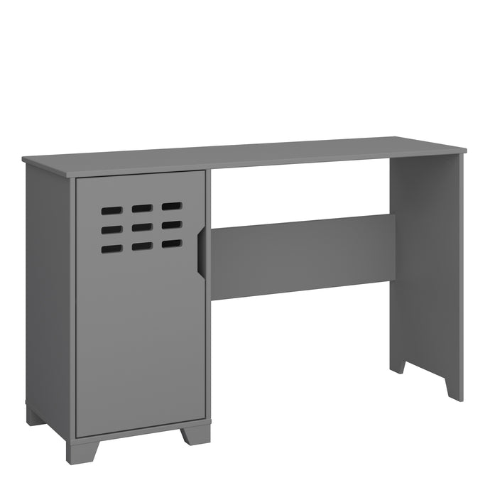 Loke Desk 1 Door in Folkestone Grey Furniture To Go 1014160800072 5707252086350 Discover the Loke Desk in Pure White: A vibrant and contemporary MDF desk for your kids' bedroom. Its unique design sets a certain vibe and theme, while providing ample space behind the Door for books and paperwork. Whether bought alone or with the set, the shelving inside allows for organized work and stationery. The easy-to-use handle adds a stylish touch to this standout white desk. With sturdy legs ensuring stability and a s