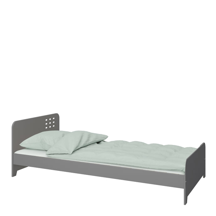 Loke Bed 90x200 cm in Folkestone Grey Furniture To Go 1014166490072 5707252086497 Discover the Loke Bed Grey: A stunning grey wooden bed for your kids' bedroom. Crafted with durable MDF wood, it boasts a contemporary headboard design. The versatile grey colour complements any decor, suitable for boys' or girls' rooms. Whether bought alone or with the Loke bedroom furniture set, it guarantees exceptional quality. The slatted base supports and ventilates your children's mattresses. Elevated legs offer extra s
