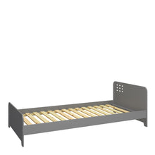 Load image into Gallery viewer, Loke Bed 90x200 cm in Folkestone Grey Furniture To Go 1014166490072 5707252086497 Discover the Loke Bed Grey: A stunning grey wooden bed for your kids&#39; bedroom. Crafted with durable MDF wood, it boasts a contemporary headboard design. The versatile grey colour complements any decor, suitable for boys&#39; or girls&#39; rooms. Whether bought alone or with the Loke bedroom furniture set, it guarantees exceptional quality. The slatted base supports and ventilates your children&#39;s mattresses. Elevated legs offer extra s