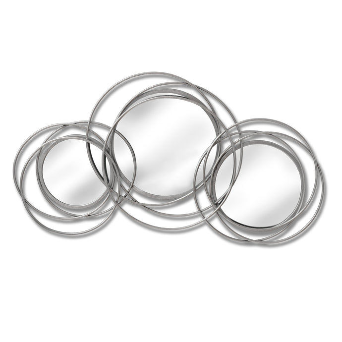 Silver Trio Multi Circled Wall Art Mirror in SILVER Hill Interiors 18775 5050140877593 Adds both light and interest Handcrafted Stylish and elegant design White glove delivery Dimensions: 89cm x 47cm x 14cm Weight: 2.21kg Volume: 0.054CBM Silver Trio Multi Circled Wall Art Mirror