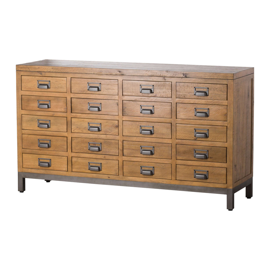 The Draftsman Collection 20 Drawer Merchant Chest in BROWN Hill Interiors 19529 5050140952993 Characterful pine plank construction Handcrafted Solid well made natural furniture White glove delivery Dimensions: 90cm x 160cm x 45cm Weight: 55.8kg Volume: 0.809CBM The combination of raw and organic textures of a solid pine body and cast iron accents has been used in the Draftsman Collection. This is the Draftsman Collection 20 Drawer Merchant Chest which is 90cm high, 160cm wide and 45cm deep with 20 drawers m