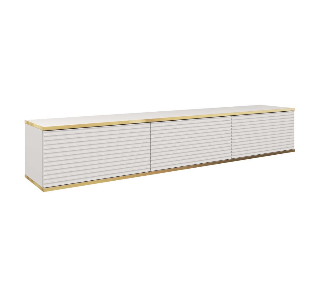 Moro Floating TV Cabinet 175cm Arte-N ORO-MDF-RTV175-WM W175cm x H30cm x D32cm Colour: White Beige Grey Black Three Hinged Doors Push-To-Open System ABS Edging Rippled MDF Fronts Made from 16mm high-quality laminated board Assembly Required Weight: 24kg Estimated Direct Home Delivery Time: 2-4 Weeks Fixings for wall mounting are not included as specific ones will be required for your type of wall