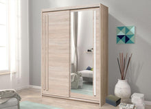 Load image into Gallery viewer, Effect 2 Sliding Door Wardrobe 175cm Arte-N EFFECT EF-1-175 A slender medium-sized wardrobe with two sliding doors, one mirrored, decorative stripes of wood marking the front premium quality laminated board carcass. The Effect wardrobe offers a generous storage capacity with its segregated interior, featuring five compartments on one side one shelf a hanging rail on the other. W175cm x H216cm x D59cm Made from 16mm high-quality laminated board Two Sliding Doors Mirror Five Shelves Hanging Rail Weight: 150kg