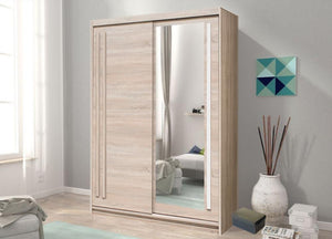 Effect 2 Sliding Door Wardrobe 175cm Arte-N EFFECT EF-1-175 A slender medium-sized wardrobe with two sliding doors, one mirrored, decorative stripes of wood marking the front premium quality laminated board carcass. The Effect wardrobe offers a generous storage capacity with its segregated interior, featuring five compartments on one side one shelf a hanging rail on the other. W175cm x H216cm x D59cm Made from 16mm high-quality laminated board Two Sliding Doors Mirror Five Shelves Hanging Rail Weight: 150kg