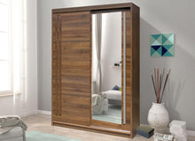 Load image into Gallery viewer, Effect 2 Sliding Door Wardrobe 175cm Arte-N EFFECT EF-1-175 A slender medium-sized wardrobe with two sliding doors, one mirrored, decorative stripes of wood marking the front premium quality laminated board carcass. The Effect wardrobe offers a generous storage capacity with its segregated interior, featuring five compartments on one side one shelf a hanging rail on the other. W175cm x H216cm x D59cm Made from 16mm high-quality laminated board Two Sliding Doors Mirror Five Shelves Hanging Rail Weight: 150kg