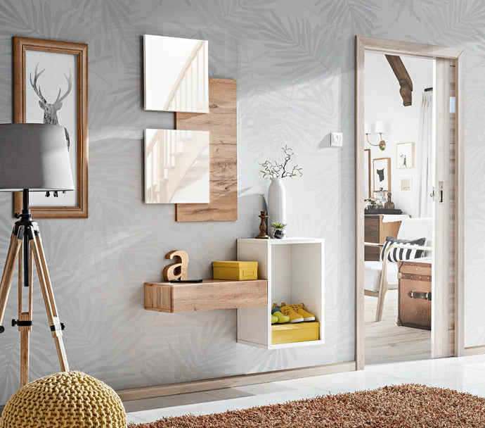 Easy I Hallway Set Arte-N WTW EY1 Add a sophisticated elegance to your hallway with this stylish functional furniture set. The large compartment drawer as well as the wall panel with two mirrors gives you plenty of storage capacity while also visually enlarging the space Total W100cm x H170cm x D30cm Colour: Oak Wotan White Matt Mirror Open Compartment Drawer Made from 16mm high-quality laminated board Assembly Required Weight: 31kg Direct Home Delivery Date: 5-6 Weeks DIMENSIONS Mirror Panel: W60cm x H100c