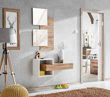 Load image into Gallery viewer, Easy II Hallway Set Arte-N WTW EY2 With its bold, stylish design practical storage options, this multi-functional hallway furniture set is ideal for any home. It features a conjoined square compartment a drawer along with a separate wall panel with two pristine mirrors. Total W100cm x H160cm x D30cm Colour: Oak Wotan White Matt Mirror Open Compartment Drawer Made from 16mm high-quality laminated board Assembly Required Weight: 28kg Direct Home Delivery Date: 5-6 Weeks DIMENSIONS Mirror Panel: W60cm x H100cm