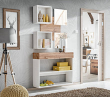 Load image into Gallery viewer, Easy IV Hallway Set Arte-N WTW EY4 Whether it&#39;s storing shoes or displaying decorations, this furniture set is the perfect way to upgrade your hallway. Featuring two open compartments on top two mirrored panels on the front, you can store all your things neatly away. With solid laminated board frames beautiful colour scheme, the furniture set looks stylish too. Total W100cm x H190cm x D30cm Colour: Oak Wotan White Matt Two Open Compartments One Drawer Shoe Cabinet Made from 16mm high-quality laminated board
