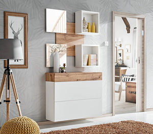 Easy V Hallway Set Arte-N WTW EY5 With two mirrors, two open compartments a shoe cupboard, this functional furniture set adds practicality style to your hallway. The spacious wall panel has contemporary rectangular edges is finished in a stylish combination of white matt timeless Oak Wotan. Total W100cm x H190cm x D30cm Colour: Front: Oak Wotan White Gloss Carcass: Oak Wotan White Matt Two Open Compartments Mirror Drawer Shoe Cabinet Made from 16mm high-quality laminated board Assembly Required Weight: 62kg
