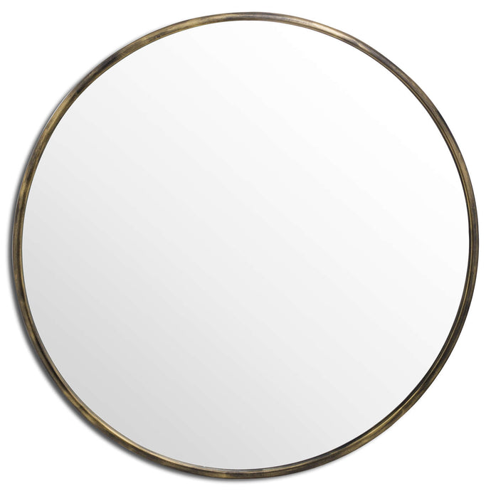 Antique Brass Large Narrow Edged Mirror in BRASS Hill Interiors 20432 5050140043288 Handcrafted White glove delivery Dimensions: 120cm x 120cm x 2cm Weight: 15.5kg Volume: 0.11CBM This is the Antique Brass Large Narrow Edged Mirror, at 120cm across this is sure to be an eye-catching statement piece in any space. Built from metal with an antique brass finish this item makes a great feature on an empty wall space while the antique brass finish gives it an element of glamour.