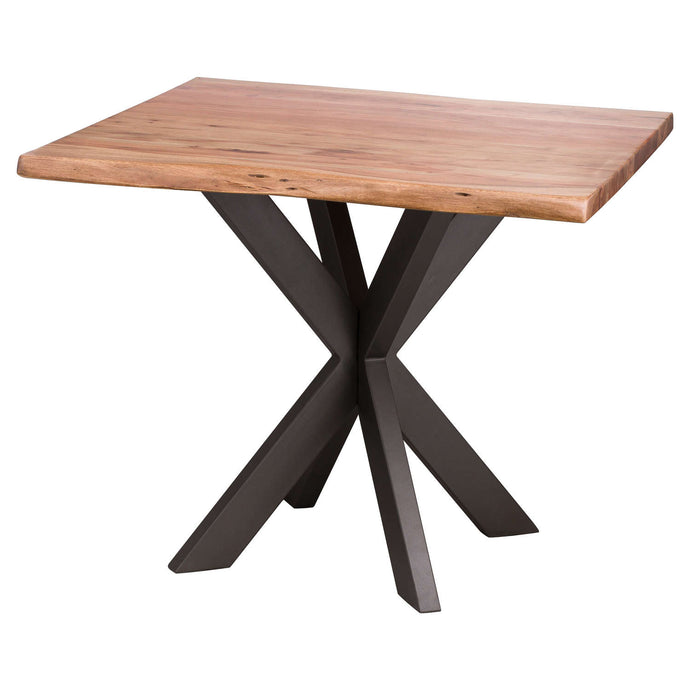 Live Edge Collection Square Dining Table in BROWN Hill Interiors 20459 5050140045985 White glove delivery Dimensions: 76cm x 90cm x 90cm Weight: 33.7kg Volume: 0.26CBM The Live Edge Collection Dining Table is made from Indian acacia wood creating charm and character, this range helps you to bring a feel of the outdoors in by creating a minimal and earthy look. The simplicity of these designs are what makes them so impressive, each piece is complete with a grey metal cross leg design or frame which complemen