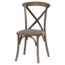 Load image into Gallery viewer, Cross Back Dining Chair in BROWN Hill Interiors 20571 5050140057186 Solid oak Handcrafted White glove delivery Dimensions: 88cm x 42cm x 41cm Weight: 2.2kg Volume: 0.6CBM This is the Cross Back Dining Chair, this seat has been designed in Elm with practicality and comfort in mind, ensuring it would make a great, hard-wearing, dining chair. It features a cross-back design which adds to the comfort of the product while the black finish of the metal gives a subtle industrial feel. The chair has been finished w