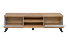 Load image into Gallery viewer, Bogota TV Cabinet 160cm Arte-N 20 RVPG BA RTV This stunning TV Cabinet from Bogota is a combination of aesthetics distinct craftsmanship. It features two open compartments at the front, a pair of drop-down doors a broad surface. With its neutral colour scheme of Riviera Oak grey matt, the cabinet can effortlessly blend in modern Scinavian decors. W160cm x H45cm x D45cm Grey Riviera Oak Black Legs Pull-Down Doors Shelf Two Open Compartments Push-To-Open System Matching Furniture Available The carcass is made