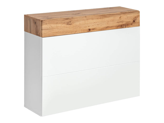 Easy EY-09 Shoe Cabinet Arte-N WTW EY TYP 09 Compact solid, the EY-09 is a great choice for those who want to store their hallway essentials securely without taking up too much space. Its universal white finish with the timeless Oak Wotan is easy to blend in any décor while its one drawer various compartments allow easy storage of shoes. W100cm x H80cm x D30cm Colour: Front: Oak Wotan White Gloss Carcass: Oak Wotan White Matt Drawer Two Pull-Down Doors Matching Furniture Available Made from 16mm high-qualit