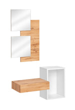 Load image into Gallery viewer, Easy I Hallway Set Arte-N WTW EY1 Add a sophisticated elegance to your hallway with this stylish functional furniture set. The large compartment drawer as well as the wall panel with two mirrors gives you plenty of storage capacity while also visually enlarging the space Total W100cm x H170cm x D30cm Colour: Oak Wotan White Matt Mirror Open Compartment Drawer Made from 16mm high-quality laminated board Assembly Required Weight: 31kg Direct Home Delivery Date: 5-6 Weeks DIMENSIONS Mirror Panel: W60cm x H100c