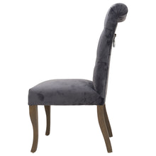 Load image into Gallery viewer, Knightsbridge Roll Top Dining Chair in GREY Hill Interiors 21510 5050140151082 Sumptuous velvet Handcrafted Ring back detailing White glove delivery Dimensions: 105cm x 49cm x 71cm Weight: 7.9kg Volume: 0.26CBM This is the Knightsbridge Roll Top Dining Chair. A sumptuous button pressed velvet chair in a timeless gret colour with roll-top detail and silver ring pull that will add elegance and class to a variety of interiors. Built from a rubberwood frame, known for its dense grain and strength, it is a sturd