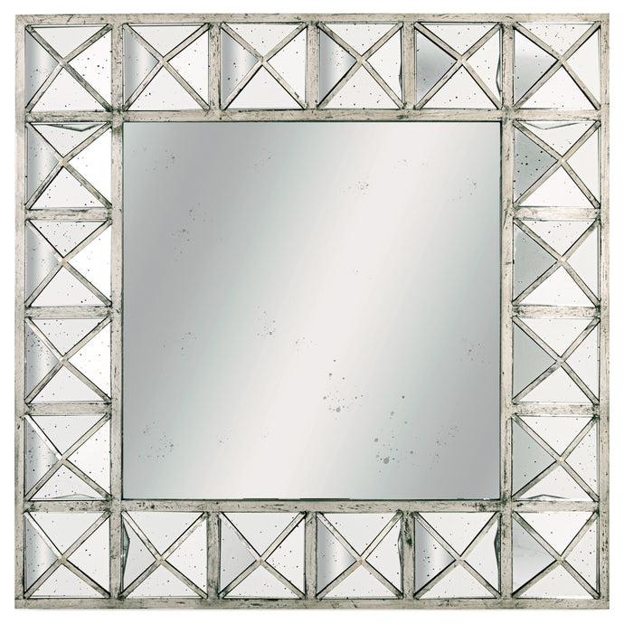 Augustus Detailed Triangulated Wall Mirror in BRONZE Hill Interiors 22277 5050140227787 White glove delivery Dimensions: 110cm x 110cm x 10cm Weight: 25.2kg Volume: 0.22CBM Introducing the Augustus Wall Mirror, a captivating blend of elegance and sophistication that adds a touch of luxury to any room. Designed to make a statement, this mirror boasts a mottling effect that adds depth and texture, creating a visually stunning focal point for your space.