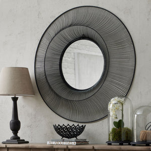 Chico Black Large Wire Mirror in BLACK Hill Interiors 22715 5050140271582 Dimensions: 120cm x 120cm x 15cm Weight: 12.6kg Volume: 0.38CBM This is the Chico Black Large Wire Mirror. This statement matt black mirror with concave metalwork frame is as much wall art as it is a mirror. Enjoy the contemporary lift it will give any space.