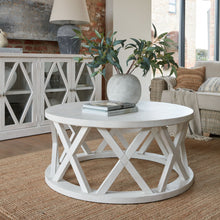 Load image into Gallery viewer, Stamford Plank Collection Round Coffee Table in WHITE Hill Interiors 22923 5050140292389 White glove delivery Dimensions: 45cm x 100cm x 100cm Weight: 19kg Volume: 0.54CBM This is the Stamford Plank Collection Round Coffee Table. The Stamford collection’s coffee tables really show the range’s attractive lattice pattern off to the full. The open, airy, lattice breathes a freshness into any space. Pared back, timeless and with a weathered familarity, items from this range will feel like they&#39;ve always bee