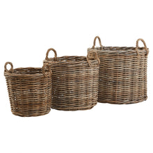 Load image into Gallery viewer, Set of 3 Kubu Rattan Round Storage Baskets in BROWN Hill Interiors 22928 5050140292884 Dimensions: 51cm x 68cm x 68cm Weight: 6.5kg Volume: 0.23CBM This is the Set of 3 Kubu Rattan Round Storage Baskets. Our sets of 3 rattan baskets are available in two shapes: round and square. This is the round option and has two handles for ease of handling. The set&#39;s neutral rattan finish is a big tick with the current trend for natural textures. These versatile storage items could be used for all manner of uses. Store 