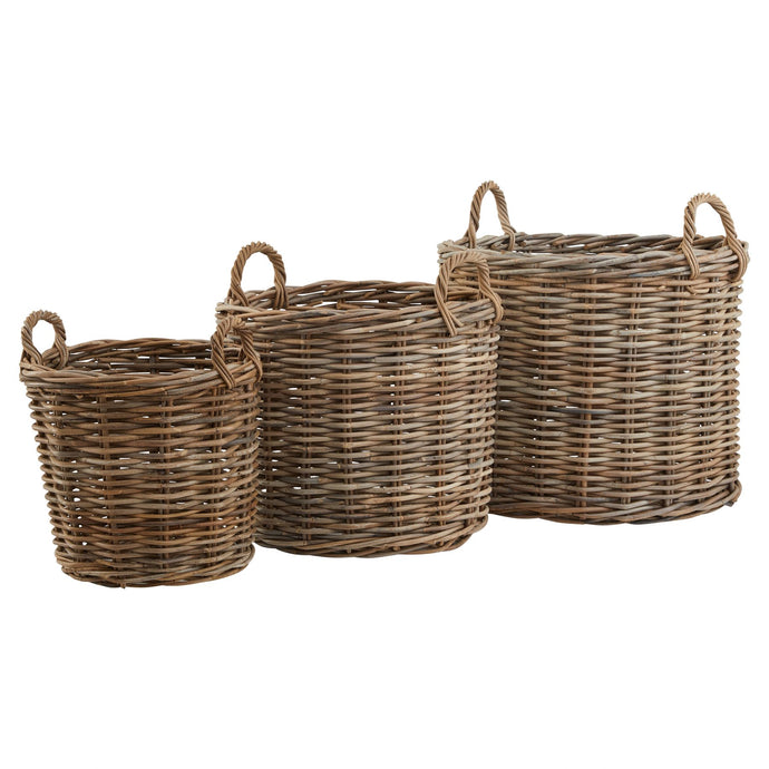 Set of 3 Kubu Rattan Round Storage Baskets in BROWN Hill Interiors 22928 5050140292884 Dimensions: 51cm x 68cm x 68cm Weight: 6.5kg Volume: 0.23CBM This is the Set of 3 Kubu Rattan Round Storage Baskets. Our sets of 3 rattan baskets are available in two shapes: round and square. This is the round option and has two handles for ease of handling. The set's neutral rattan finish is a big tick with the current trend for natural textures. These versatile storage items could be used for all manner of uses. Store 