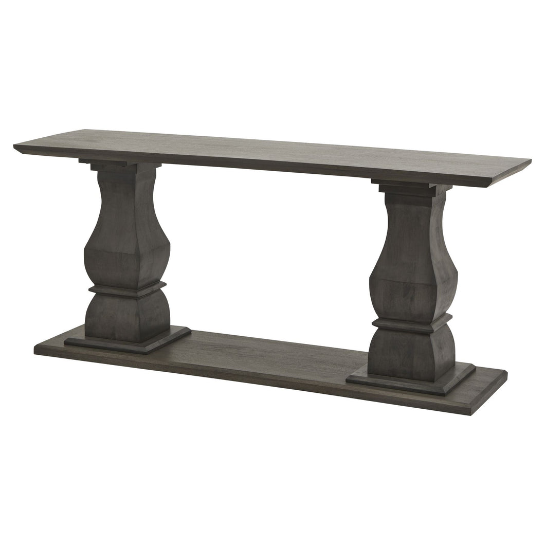 Lucia Collection Console Table in GREY Hill Interiors 22968 5050140296882 White glove delivery Dimensions: 80cm x 180cm x 50cm Weight: 57.04kg Volume: 0.69CBM This is the Lucia Collection Console Table. Part of the luxurious and impactful Lucia furniture range, the Lucia Console Table commands attention in any interior setting thanks to its distinctive design with chunky silhouette. Each piece is individually handcrafted in hard wood (acacia) by skilled artisans to sculpt the striking design and finished in