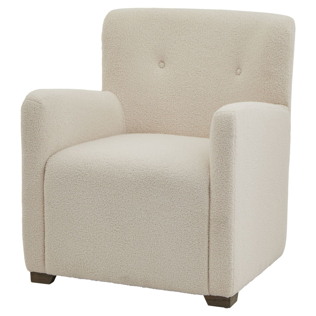 Lingfield Bouclé Armchair in CREAM Hill Interiors 22996 5050140299685 White glove delivery Dimensions: 84cm x 74cm x 81cm Weight: 19.9kg Volume: 0.48CBM Wrapped in sumptuously soft boucle fabric, the Lingfield Armchair invites you to sink into its plush embrace and unwind in style. Its tactile appeal adds depth and visual interest to any room, while the subtle mid-tone wood stain of its legs enhances its modern aesthetic.