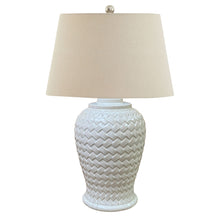 Load image into Gallery viewer, Woven Ceramic Table Lamp With Linen Shade in WHITE Hill Interiors 23058 5050140305881 Dimensions: 70cm x 40cm x 40cm Weight: 3.2kg Volume: 0.11CBM This is the Woven Ceramic Table Lamp With Linen Shade. A handcrafted ceramic lamp, in classically shaped design. This lamp&#39;s eye-catching woven pattern in a luxe, neutral green-tinged finish adds texture and subtle colour to any space. Arriving complete with ball-topped neutral linen shade, this lamp can be used to give any room an instant lift.