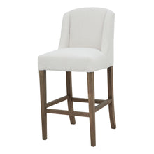 Load image into Gallery viewer, Compton Boucle Barstool in GREY Hill Interiors 23083 5050140308387 White glove delivery Dimensions: 107cm x 52cm x 59cm Weight: 10.25kg Volume: 0.39CBM A holder for our vast array of message plaques which will elevate your in-store displays. Shown here in a white wood finish, we also carry this product in natural and black wood finishes.