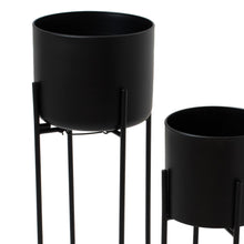 Load image into Gallery viewer, Set Of Two Matt Black Planters On Stand in BLACK Hill Interiors 23089 5050140308981 Dimensions: 76cm x 28cm x 28cm Weight: 3.46kg Volume: 0.1CBM