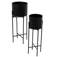 Load image into Gallery viewer, Set Of Two Matt Black Planters On Stand in BLACK Hill Interiors 23089 5050140308981 Dimensions: 76cm x 28cm x 28cm Weight: 3.46kg Volume: 0.1CBM