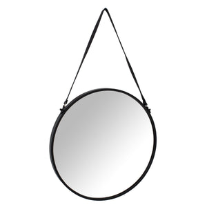Matt Black Rimmed Round Hanging Wall Mirror With Black Strap in BLACK Hill Interiors 23092 5050140309285 Dimensions: 54cm x 54cm x 3cm Weight: 2.78kg Volume: 0.02CBM This is the Matt Black Round Hanging Wall Mirror With Black Strap. This mirror is a striking fusion of modern design and timeless elegance. Crafted to complement contemporary settings, this mirror serves as a captivating focal point that adds depth and sophistication to any room.
