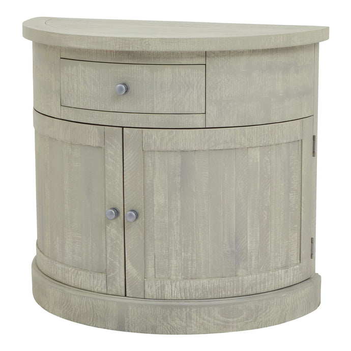 Saltaire Collection Half Moon 2 Door Cupboard With Drawer in GREY Hill Interiors 23102 5050140310281 Dimensions: 86cm x 96cm x 48cm Weight: 33kg Volume: 0.49CBM This is the Saltaire Collection Half Moon 2 Door Cupboard With Drawers. The Saltaire Collection presents on-trend contemporary curved elements, including smooth outlines and organic shapes that embody a sense of softness; it adds a modern flair while still maintaining a timeless appeal. Pared back, each piece is finished with a treated wood stain, i