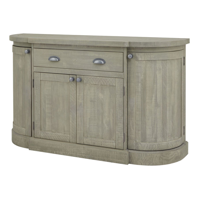 Saltaire Collection 4 Door Sideboard With Drawer in GREY Hill Interiors 23104 5050140310489 Dimensions: 90cm x 153cm x 45cm Weight: 58kg Volume: 0.75CBM This is the Saltaire Collection 4 Door Sideboard With Drawer, equally as practical styled individually as it would be in its dresser form with the Saltaire Collection 3-Shelf Dresser Top (23105). The Saltaire Collection presents on-trend contemporary curved elements, including smooth outlines and organic shapes that embody a sense of softness; it adds a mod