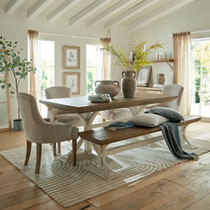 Luna Collection Rectangular Dining Table in WHITE Hill Interiors 23108 5050140310885 Dimensions: 78cm x 200cm x 100cm Weight: 46kg Volume: 1.2CBM This is the Luna Collection Rectangular Dining Table. Where rustic charm meets contemporary design, the furniture range boasts an off white painted bottom combined with a stained wooden top. It is carefully handcrafted by skilled artisans, highlighting a unique planked pine design enhanced by a warm mid-tone stain. The fusion of this earthy texture with popular wh