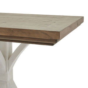 Luna Collection Console Table in WHITE Hill Interiors 23109 5050140310984 Dimensions: 80cm x 180cm x 50cm Weight: 30kg Volume: 0.91CBM This is the Luna Collection Console Table. Where rustic charm meets contemporary design, the furniture range boasts an off white painted bottom combined with a stained wooden top. It is carefully handcrafted by skilled artisans, highlighting a unique planked pine design enhanced by a warm mid-tone stain. The fusion of this earthy texture with popular white painted legs yield